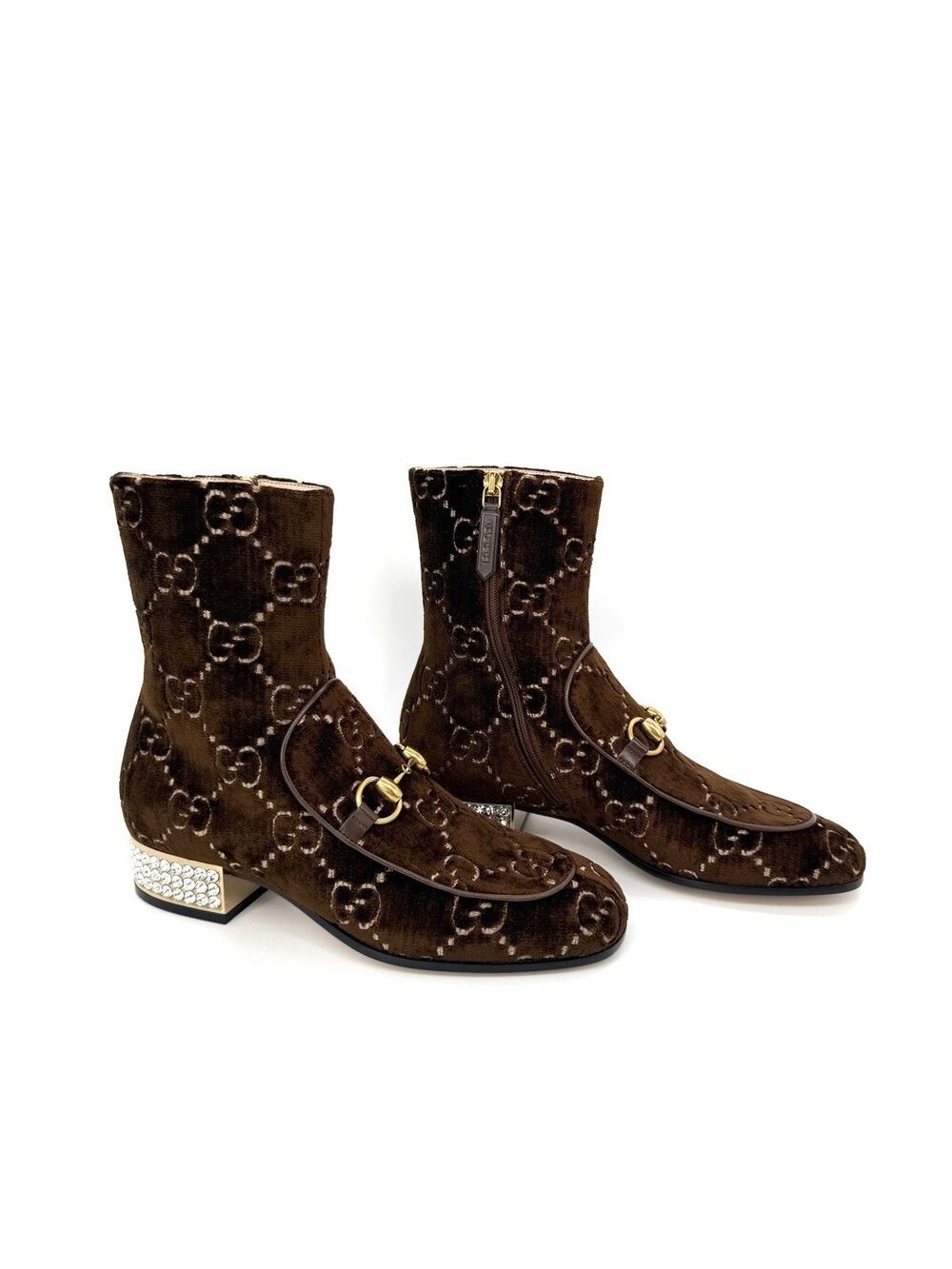 NIB Runway Gucci Mister GG Velvet Crystal Horsebit Ankle Boot Brown EU 37 US 7
